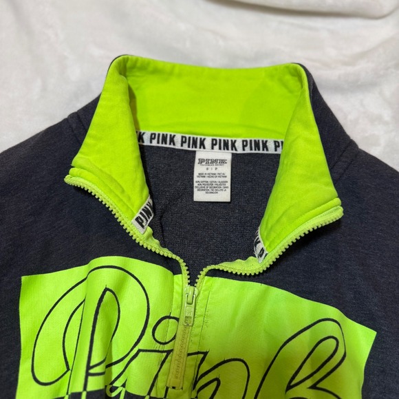PINK Victoria's Secret Quarter Zip Sweatshirt Neon Green Logo Graphic Size Small - Picture 4 of 9